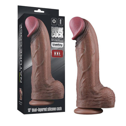 LoveToy - Dubbellaags Siliconen Dildo XXL - Lengte 33 cm - Diameter 5,5 cm - Bruin-Erotiekvoordeel.nl
