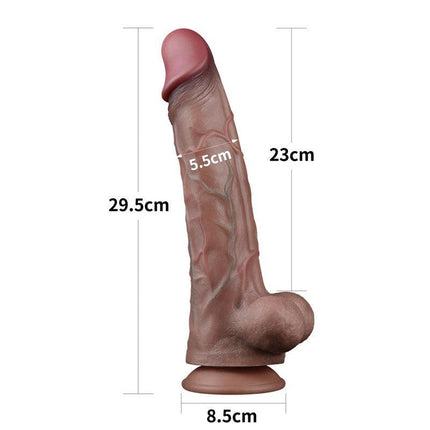 LoveToy - Dubbellaagse Siliconen Dildo - Lengte 29.5 cm - Diameter 5.5 cm - Bruin-Erotiekvoordeel.nl