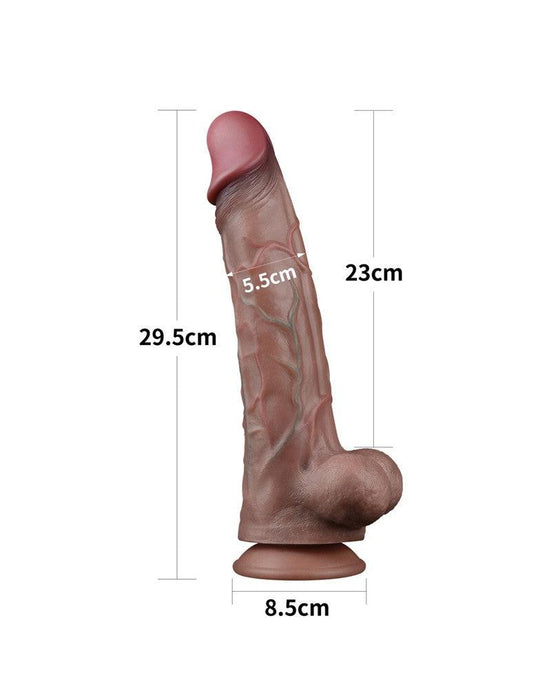 LoveToy - Dubbellaagse Siliconen Dildo - Lengte 29.5 cm - Diameter 5.5 cm - Bruin-Erotiekvoordeel.nl