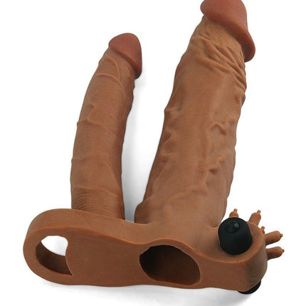 Lovetoy Pleasure X-tender Verlengende Vibrerende dubbele penis sleeve - bruin-Erotiekvoordeel.nl