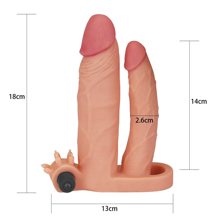 Pleasure X-tender Vibrerende dubbele penis sleeve 18 en 14 cm - huidskleur - Erotiekvoordeel.nl