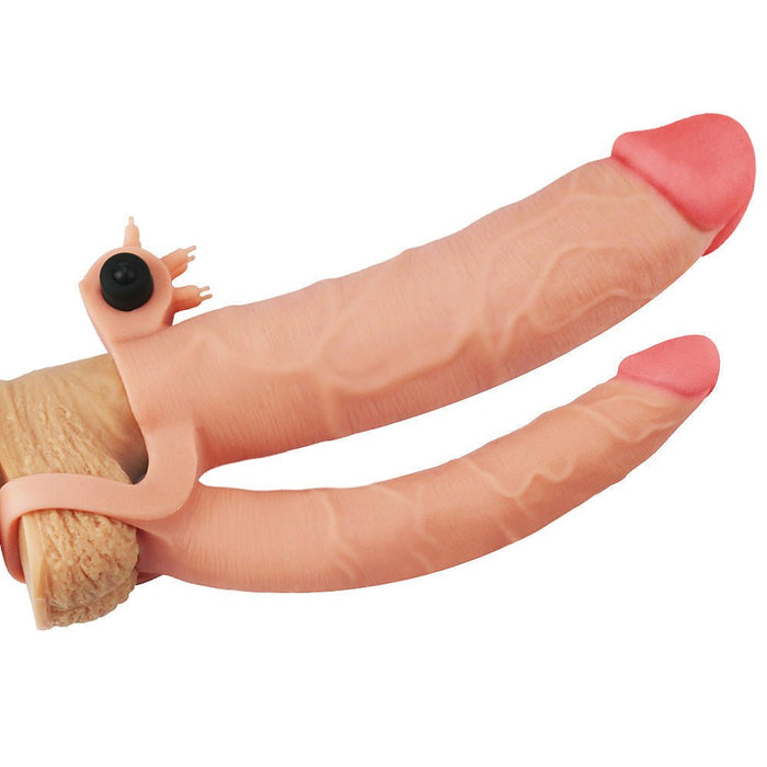 Pleasure X-tender Vibrerende dubbele penis sleeve 21 en 17 cm - huidskleur - Erotiekvoordeel.nl