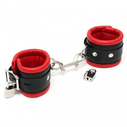 Luxe leren handboeien gevoerd - zwart/rood - Erotiekvoordeel.nl