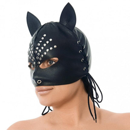 Masker met oortjes zwart leer en metalen siernieten-Erotiekvoordeel.nl