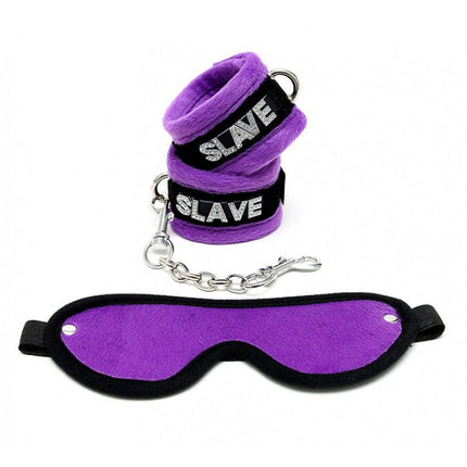 Soft Bondage set blinddoek en handboeien SLAVE - zwart/paars - Erotiekvoordeel.nl