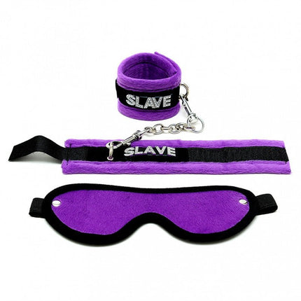 Soft Bondage set blinddoek en handboeien SLAVE - zwart/paars - Erotiekvoordeel.nl