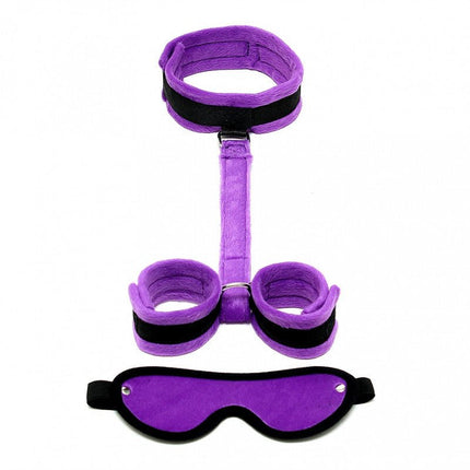 Soft bondage set met klittenband boeien/collar/blinddoek - zwart/paars - Erotiekvoordeel.nl
