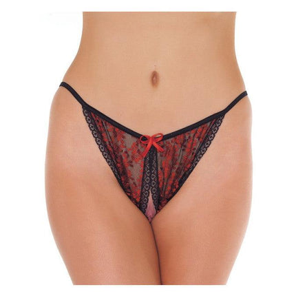Tanga slipje met open kruis - rood/zwart - Erotiekvoordeel.nl