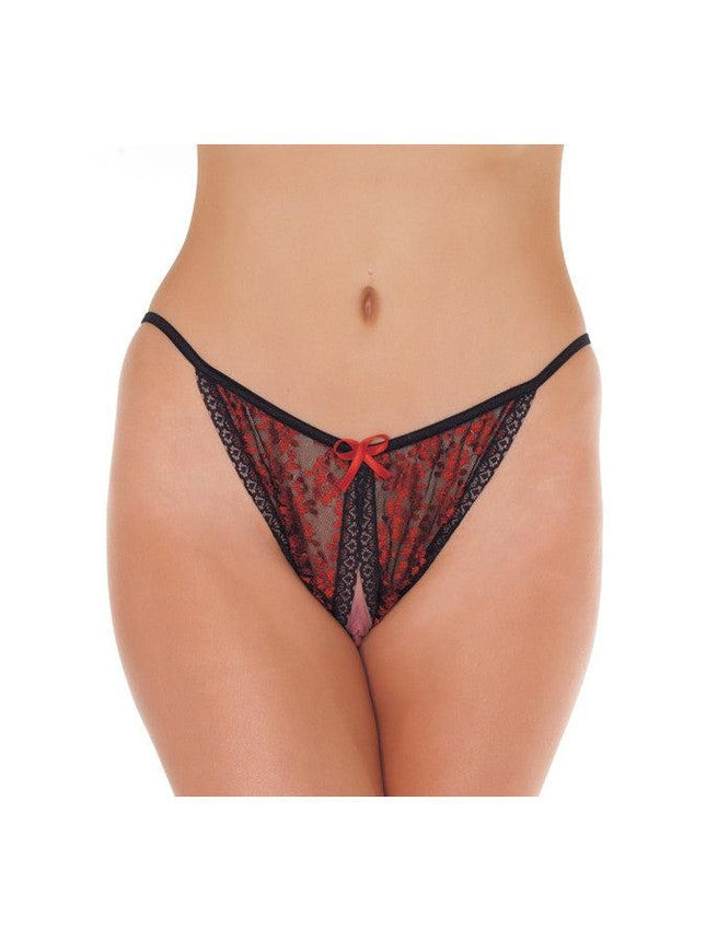 Tanga slipje met open kruis - rood/zwart - Erotiekvoordeel.nl