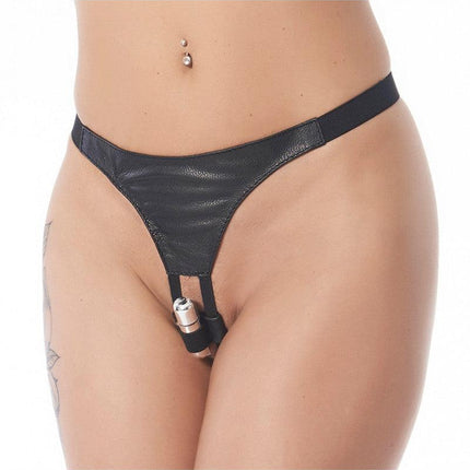 Vibrerend slipje van zwart leer met bullet vibrator - Erotiekvoordeel.nl
